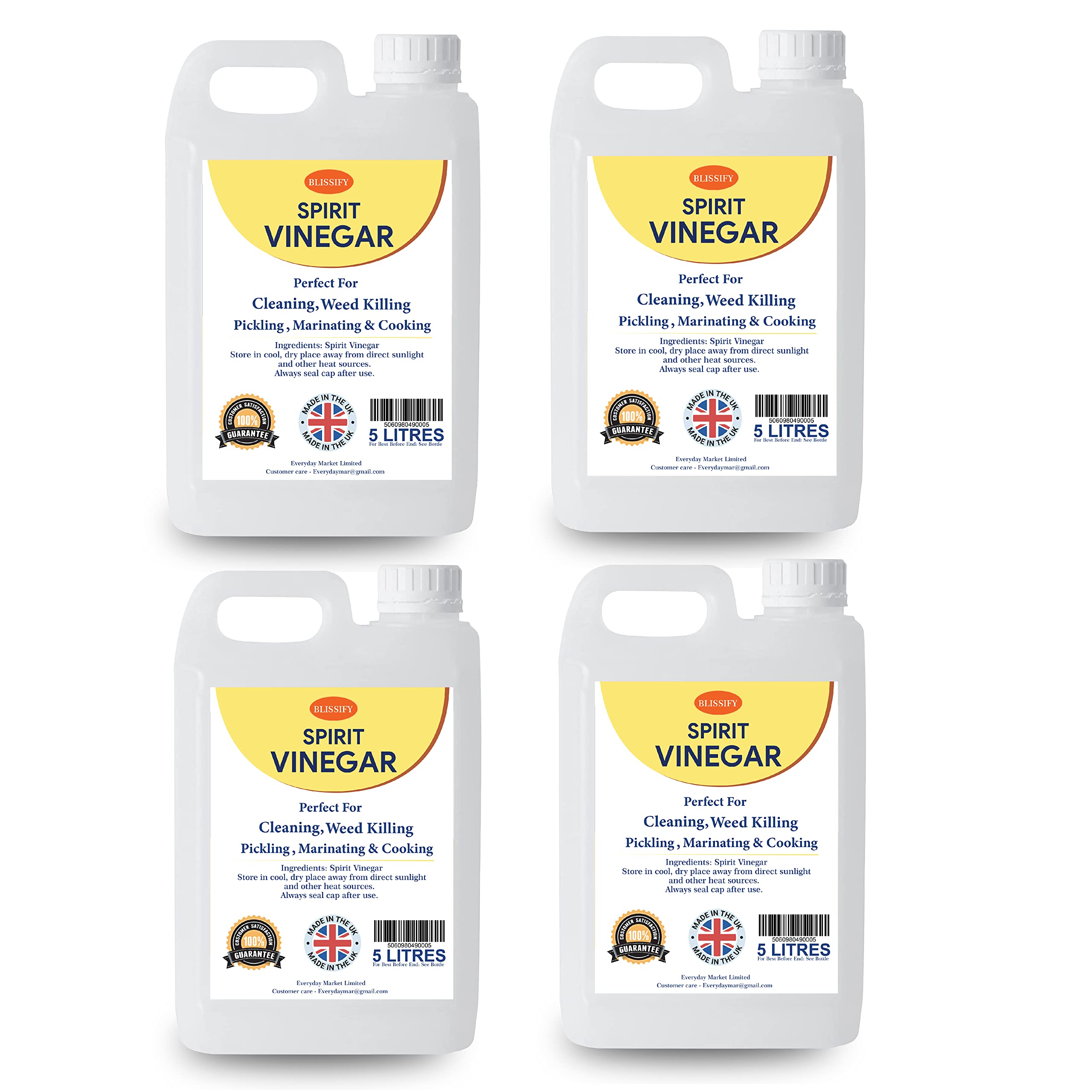 Spirit White Vinegar - Food Grade 5% Acetic Acid Liquid for Household Cleaning, Cooking, Baking and Pickling (5L, Pack of 4)