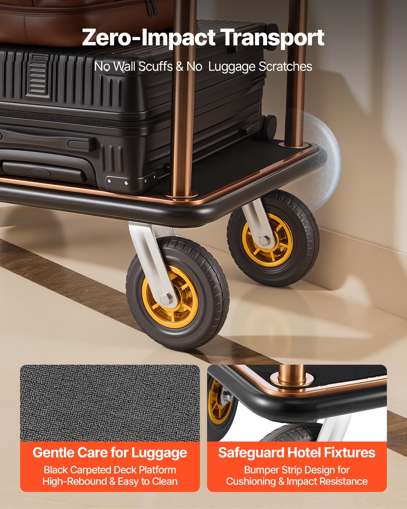 VEVOR Carrello Portabagagli per Hotel, Portata Max 544,31 kg, Carrello Bagagli Hotel con Telaio in Acciaio Inox, Ruote in Gomma da 203 mm, Pianale Rivestito in Moquette Nera, per Alberghi e Resort