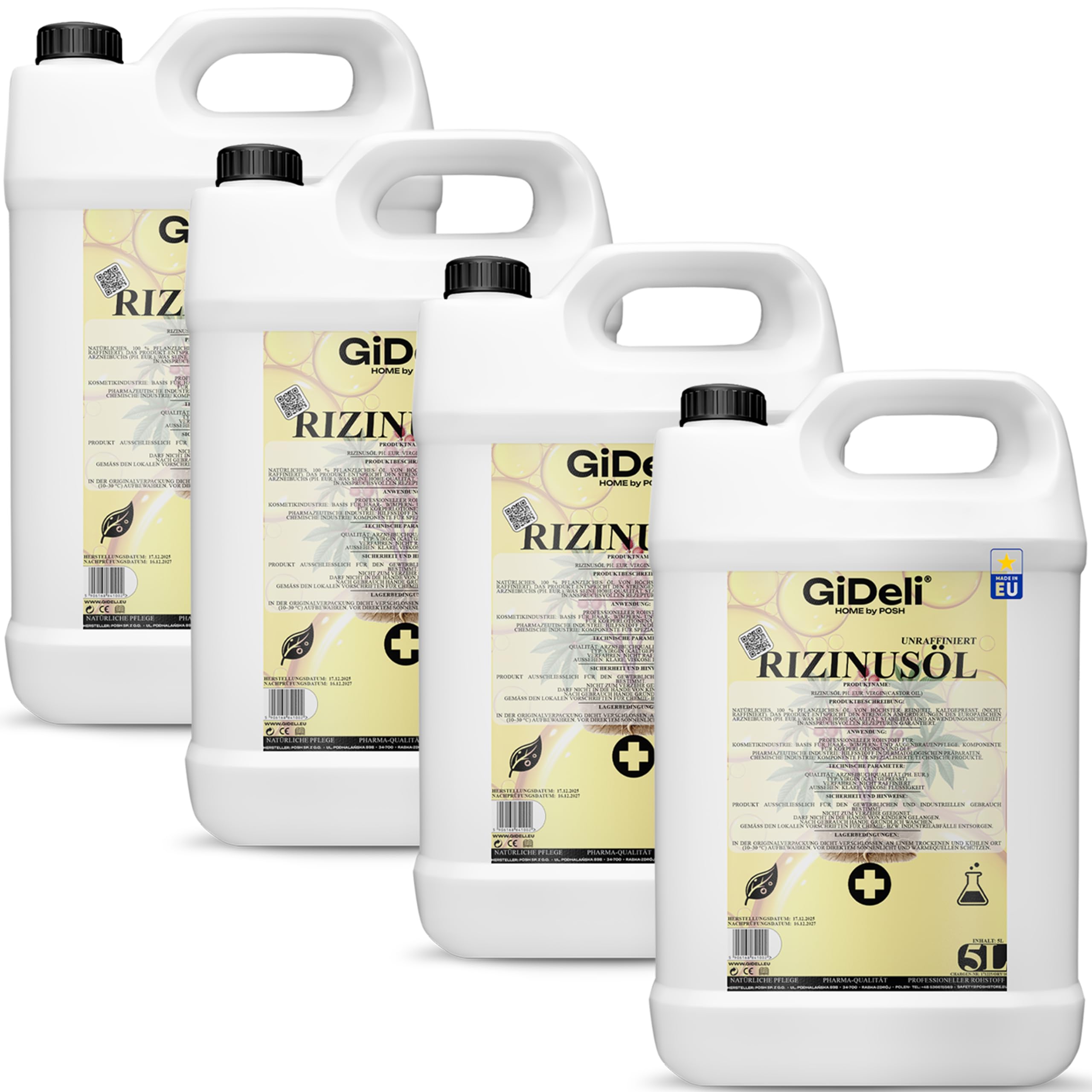 GiDeli Olej rycynowy tłoczony na zimno 4 x 5 l – czysty olej rycynowy w Ph. Eur. Jakość do włosów, rzęs i skóry – nierafinowany olejek pielęgnacyjny jako baza do kosmetyków naturalnych DIY – nie
