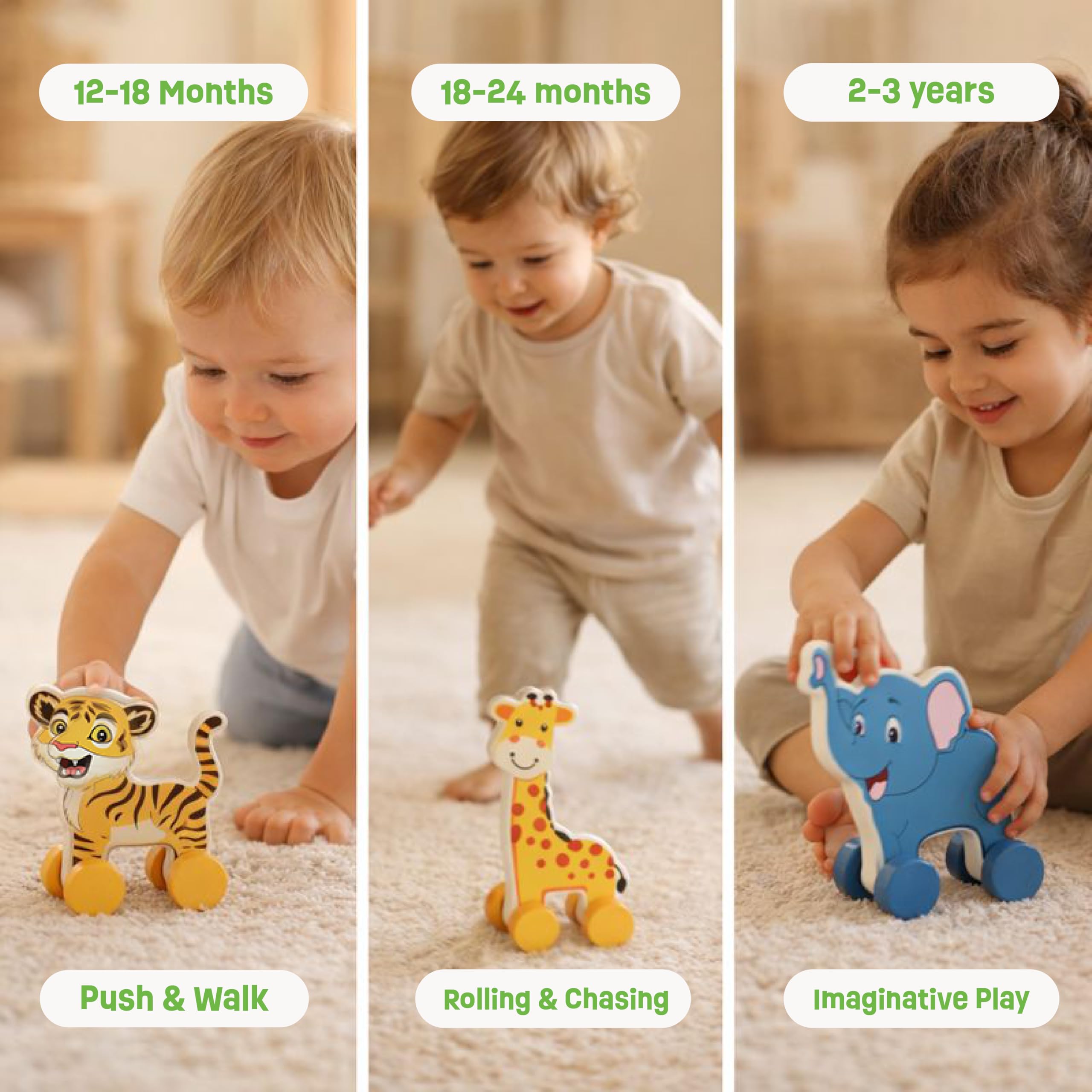 Babbles Jungle Safari Wooden Animal Wheel Toys for Kids, Premium Push & Roll Toys for Toddlers 1-3 Years, Promotes Motor Skills, Imaginative Play, Storytelling (Animals) 4