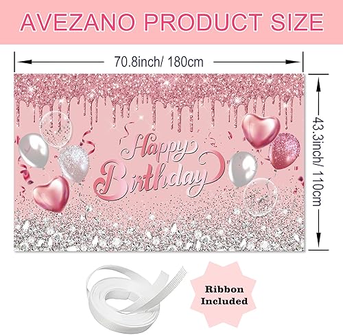 Miniatura 4 de Avezano Telón de fondo de cumpleaños de oro rosa con globos de purpurina rosa y plateado - Cartel para sesión de fotos de cumpleaños de 16, 18, 21,