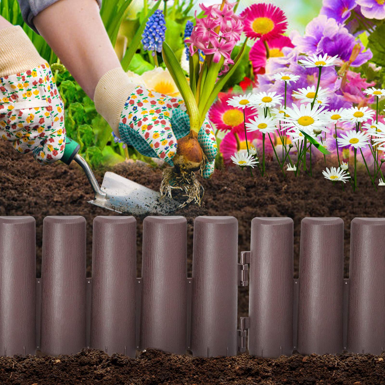 UISEBRT Recinzione per Giardino 16,8 m, Bordo per prato in plastica, Bordatura da Giardino, effetto legno, per aiuole, 1 elemento (LxH): 28 x 24 cm, Marrone