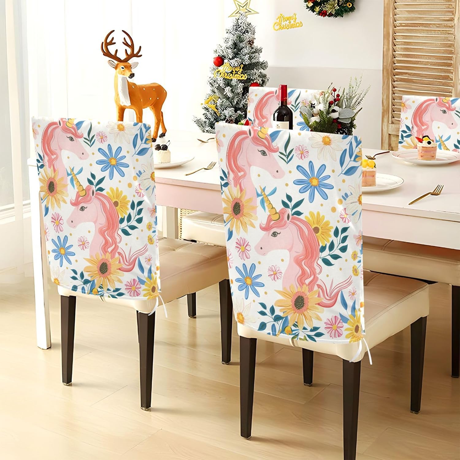 ALAZA Unicorn and Daisy Flowers Chair Back Cover Set of 6, Washable Reusable Removable Chair Slipcovers Decorative Chair Cover for Home Kitchen Wedding Party