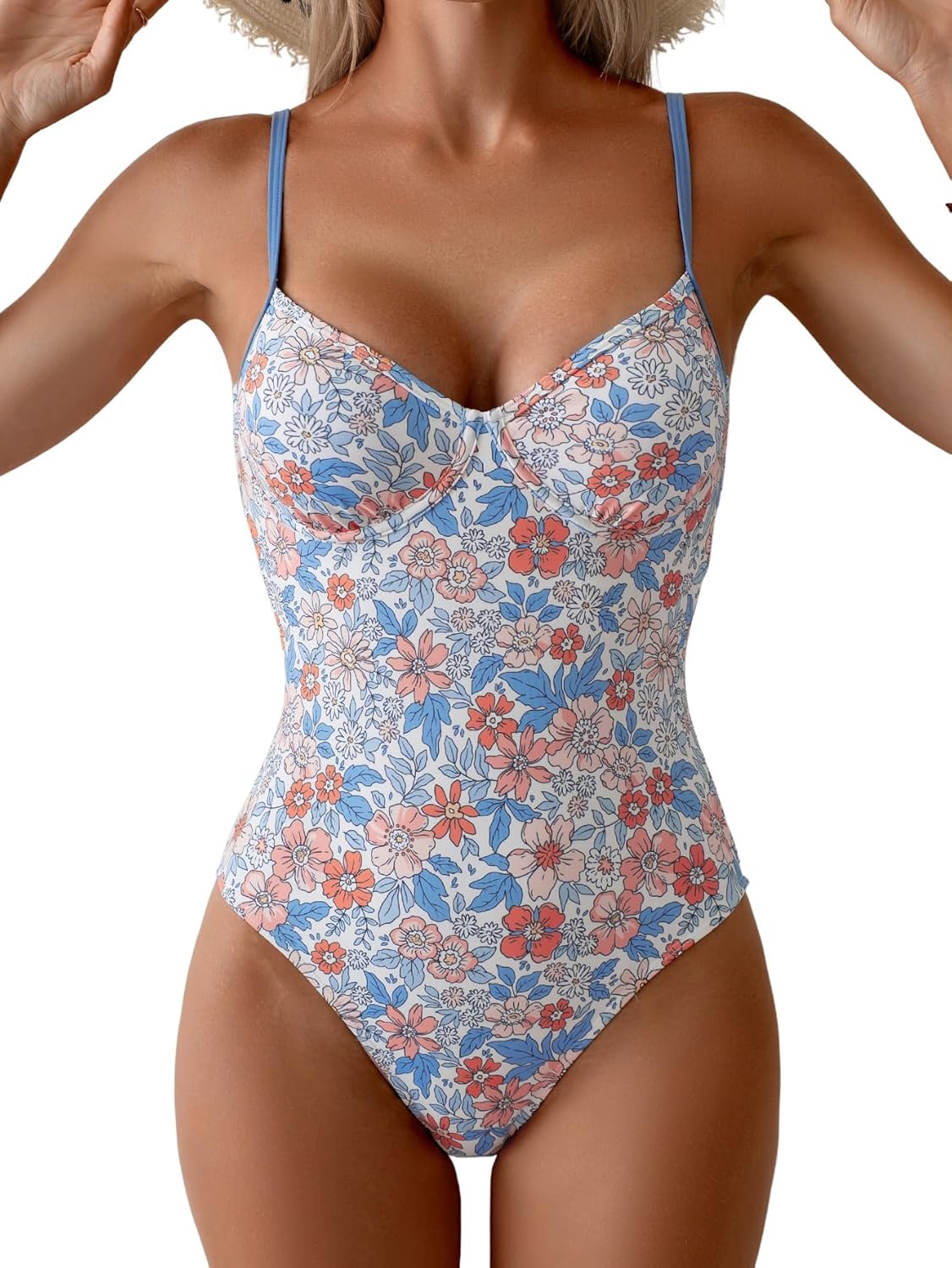 Eomenie Womens Swimsuit Tummy Control Slimming One Piece Bathing Suit Color Block Spaghetti Straps Swimwear with High Cut