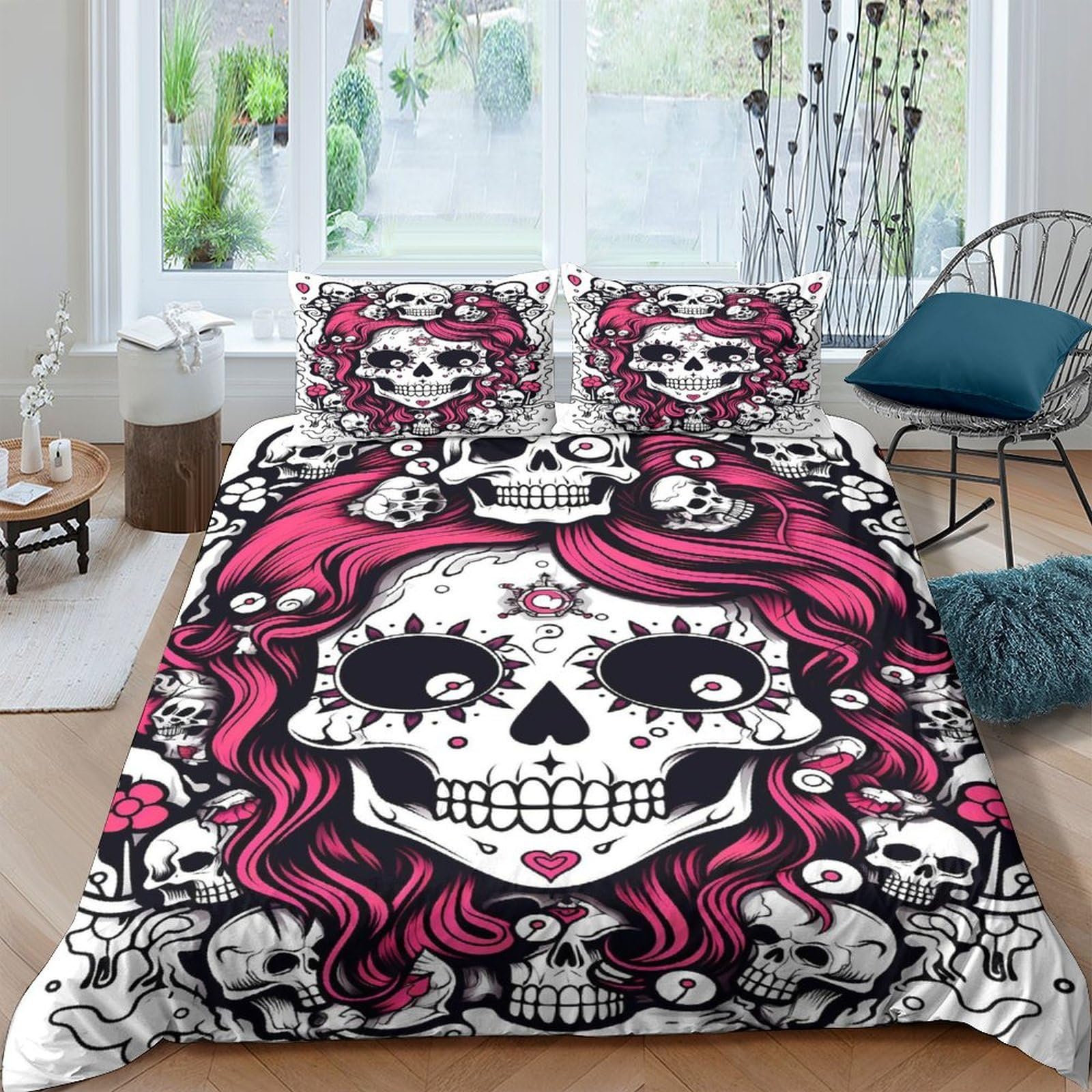 P5V6M1Q9 3D Printed Skull Rose Duvet Cover Microfiber Soft Breathable Gothic Skeleton Bedding Set with 2 Pillowcases for Bedroom Decor Single（135x200cm）