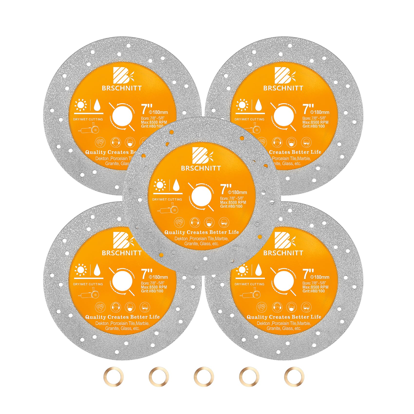 BRSCHNITT Rock Slab Grinding Disc - 7 inch(180MM) Glass Cutter Disc (5pcs), Granite Cutting Disc, Diamond Grinder Wheel for Rock Slab, Stone, Tile, Marble, Granite, Glass Diamond Cutting Discs