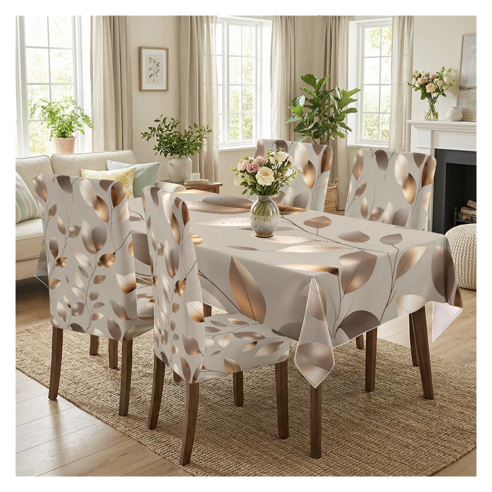 KXUAUV Golden Brown Leaf Print Dining Tablecloth & Chair Covers Set, 5/7 Pack Stretch For Daily Meal, Dinner, Banquet, Party, Indoor Home Decor Party Decor(5pcs Set: Tablecloth+Chair Covers)