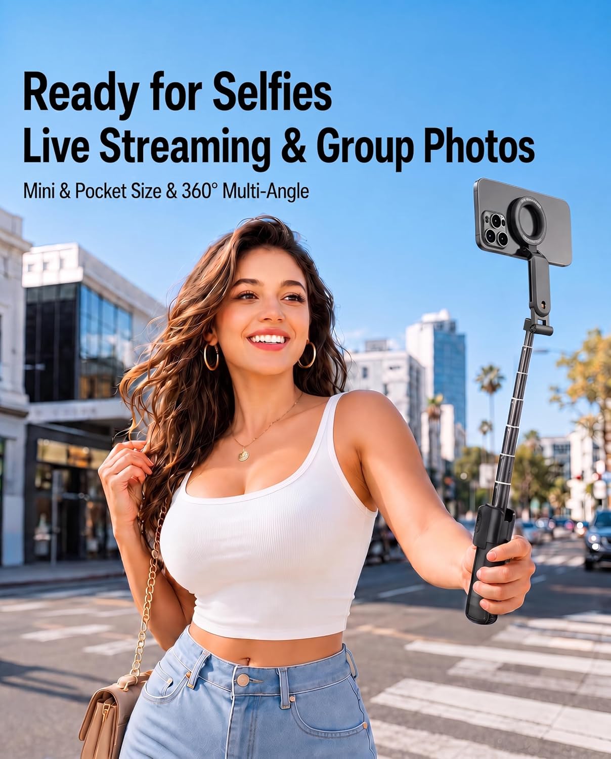 Magnetic Mini Selfie Stick Tripod for iPhone & Android, 19" Pocket Size 4-in-1 Phone Camera Grip with Rechargeable Remote & Ergonomic Handle, for Creator Travel TikTok Vlogging (Up-Black)