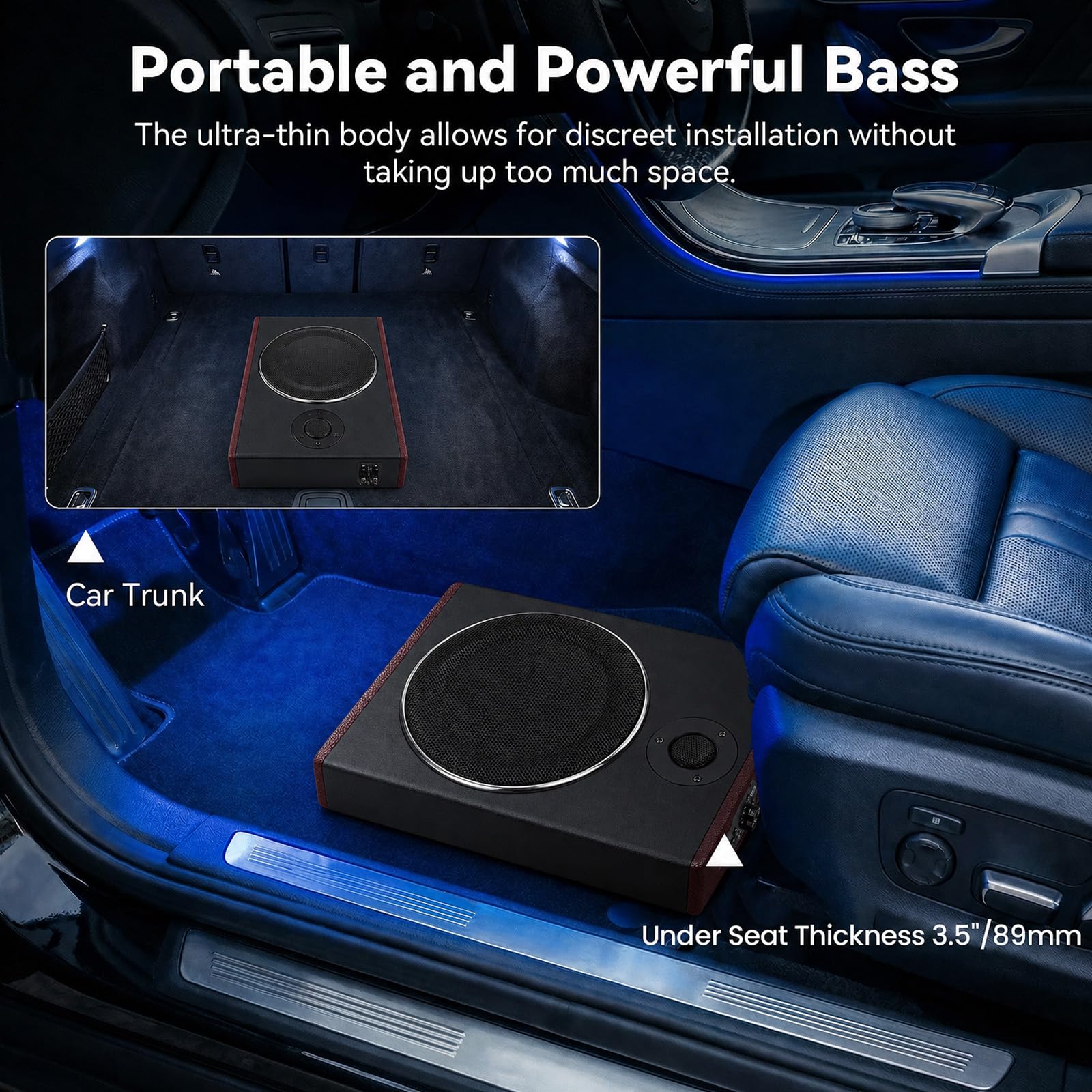 OiLiehu Untersitz Auto Subwoofer 600W, 8" Schlanker Auto Subwoofer mit Stereo-Surround-Sound, Bassverstärkung, Integrierter Audioverstärker, Plug-and-Play