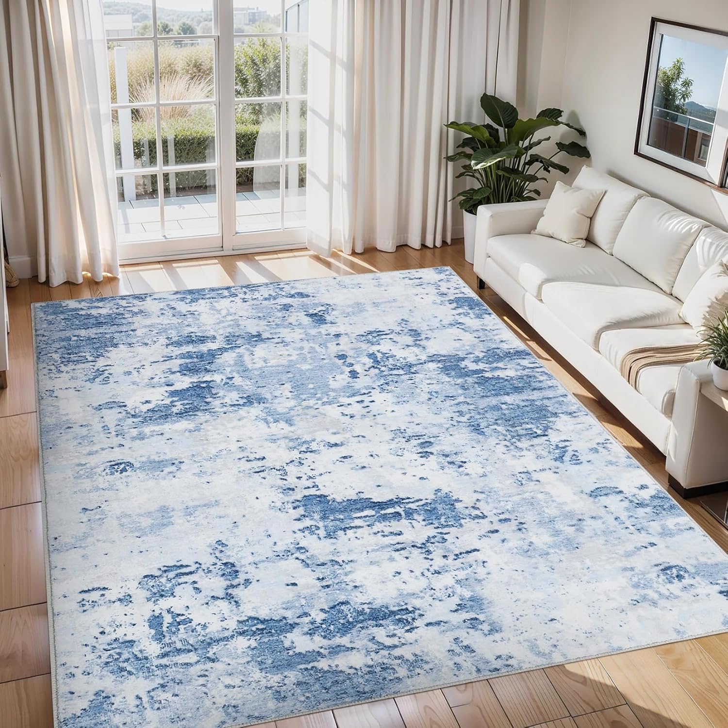 Tappeto Decorazioni interni Grande Salotto Soggiorno, Lavabile,Personalizzato,astratta moderna, blu e bianca, 200 x 290 cm
