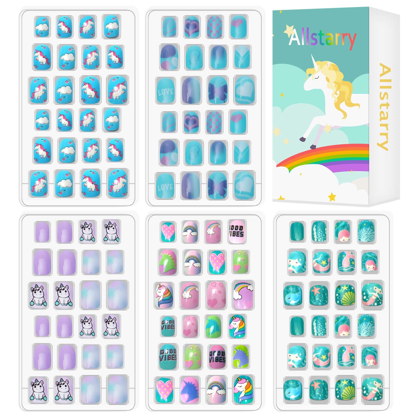 Allstarry 120pcs 5 pack Children Nails Press on Pre-glue Full Cover Glitter Gradient Color Rainbow Short False Nail Kits Lovely Gift for Children