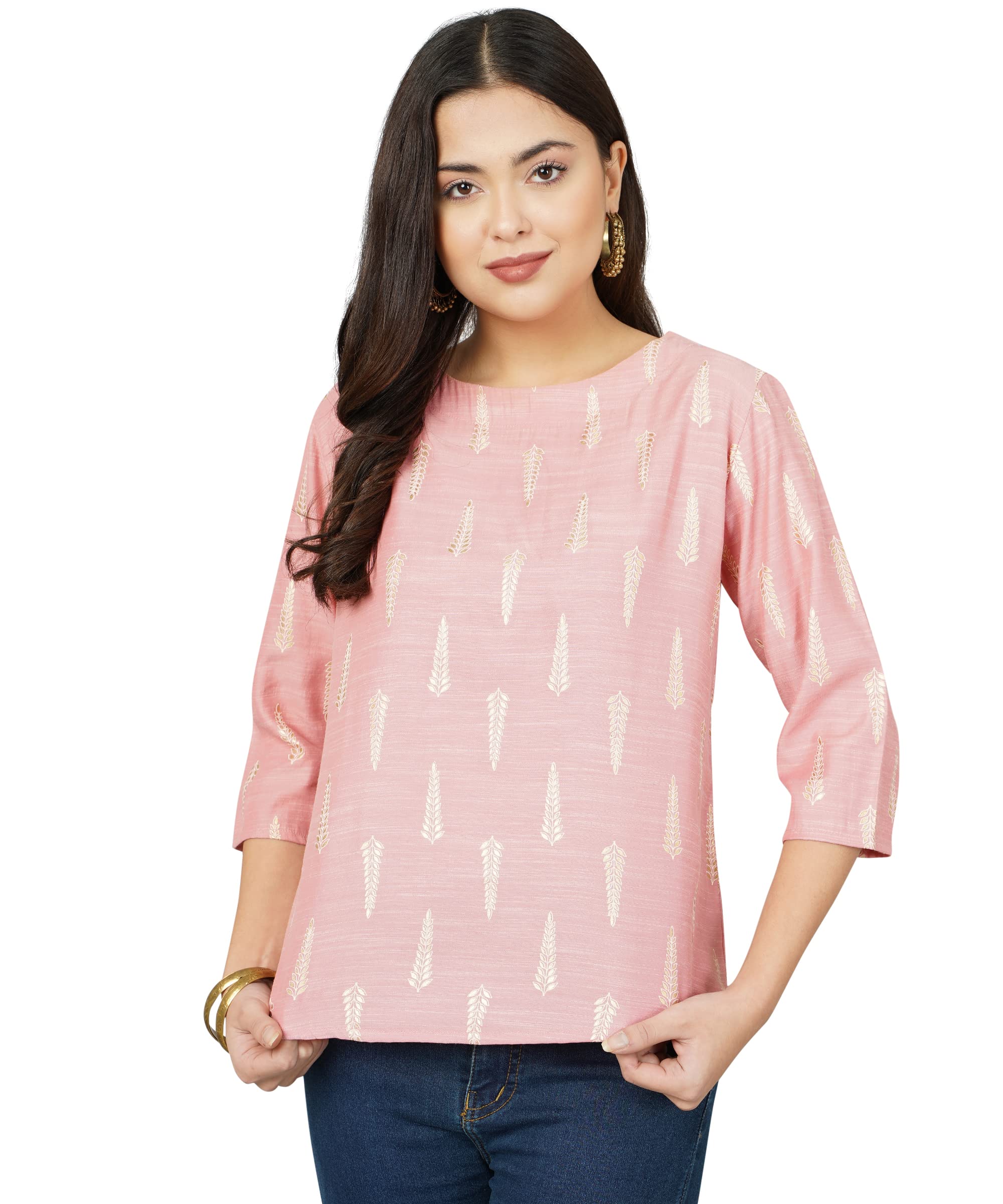 ANUSHILGolden Petal Foil Printed Cotton Top - Cotton Top for Girls, Short Kurti for Women - Short Top for Girls/Women (Pack of 1)