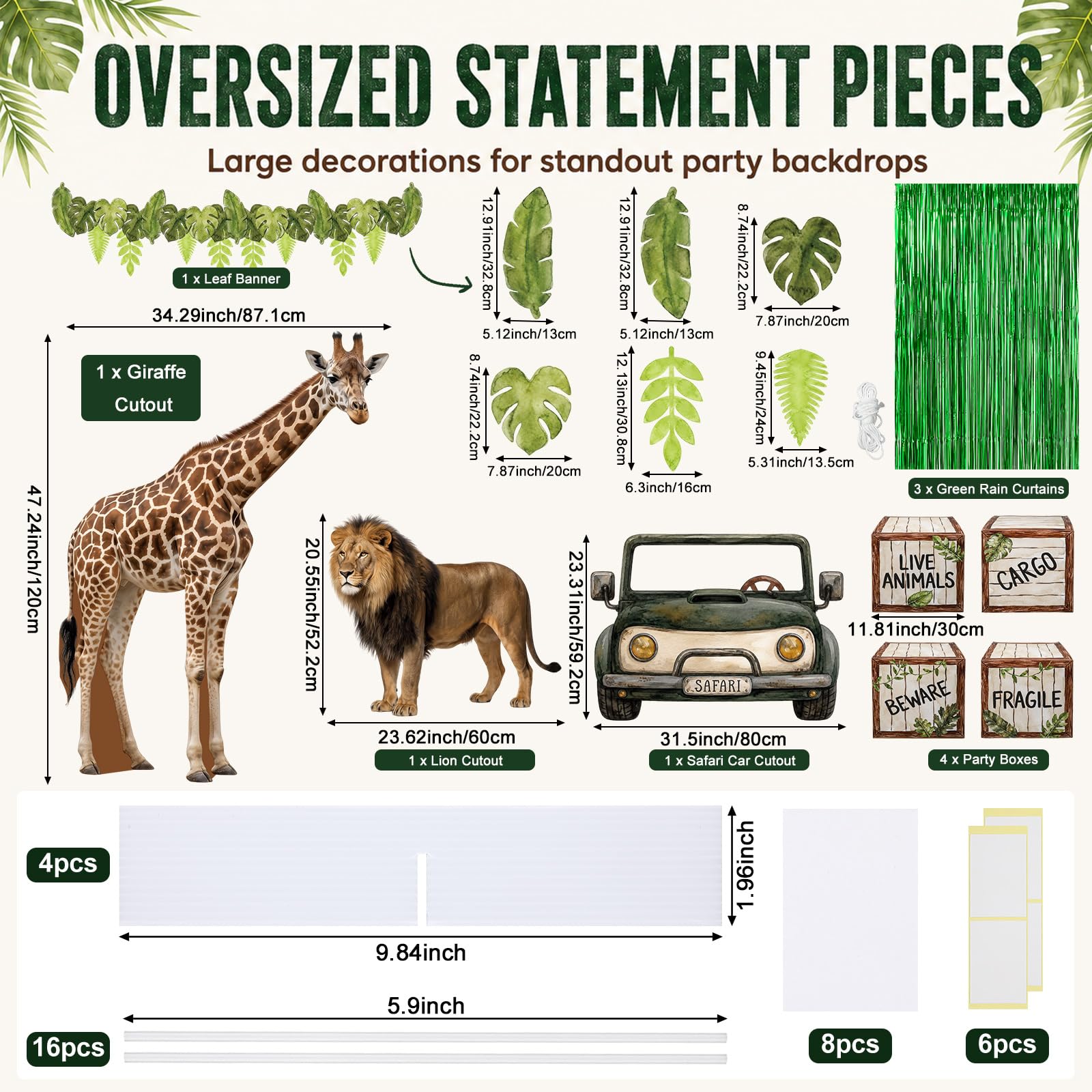 Jenaai 25 decorazioni per feste safari nella giungla grande kit con tenda verde con frange verdi, striscione con foglie di palma, sagoma per auto safari con giraffa leone e scatole per forniture per