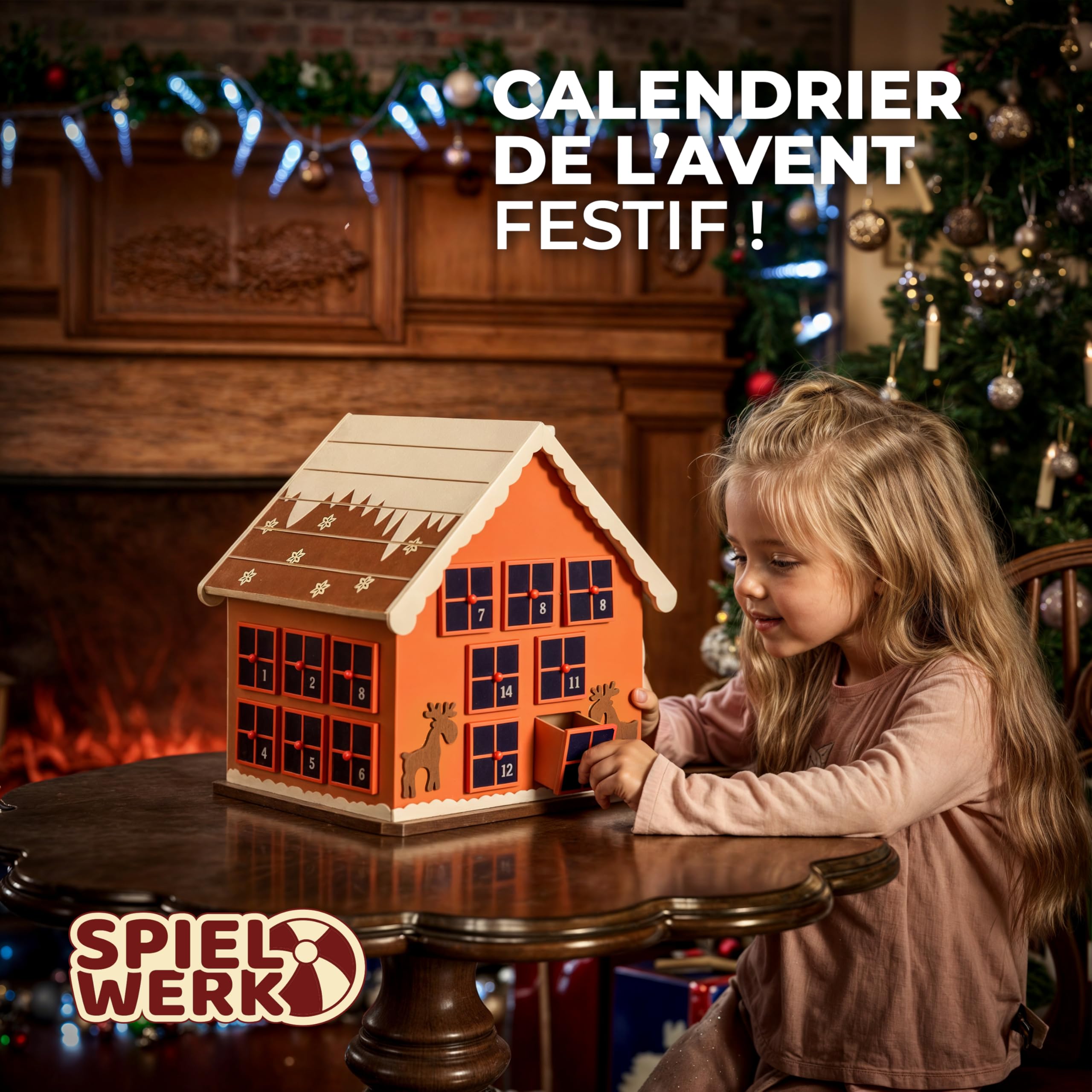 Spielwerk Calendrier de l'Avent en Bois Réutilisable 24 Tiroirs Maison en Pain d'épices