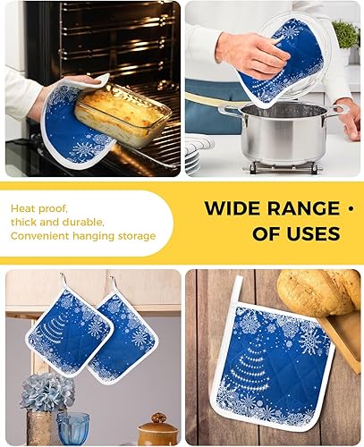 Miniatura 5 de 4 Packs Christmas Blue Snowflake Pot Holders Sets for Kitchen,Oven Pan Plate Bowl Pads Heat Proof Mat with Hanging Loop,Terry Cloth Potholders Soft