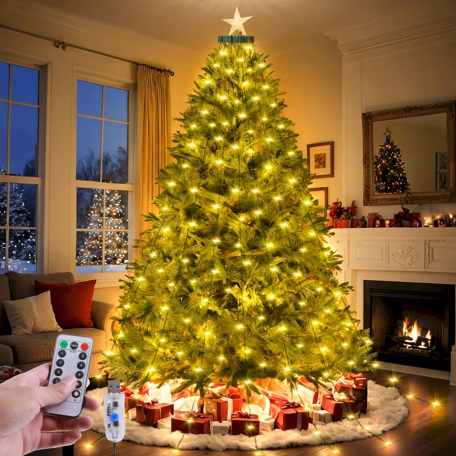 Jsdoin Christmas Tree Lights Warm White 2M/6.6FT/280LEDs Mains Powered Fairy Lights Waterproof with Remote 8 Modes & USB for Christmas Tree Outside Indoor Xmas Party Decorations