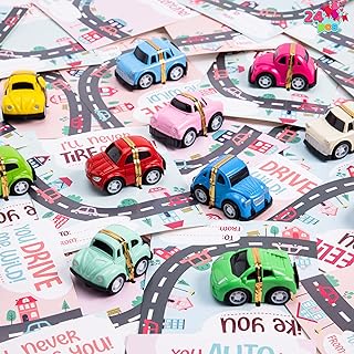JOYIN 24 Pack Valentines Day Greeting Card with Pull Back Car Vehicle Toys, 12 Design Colorful Mini Cars for Valentine's Party Favors, Valentine's Classroom Gift Exchange Game Prizes for Kids