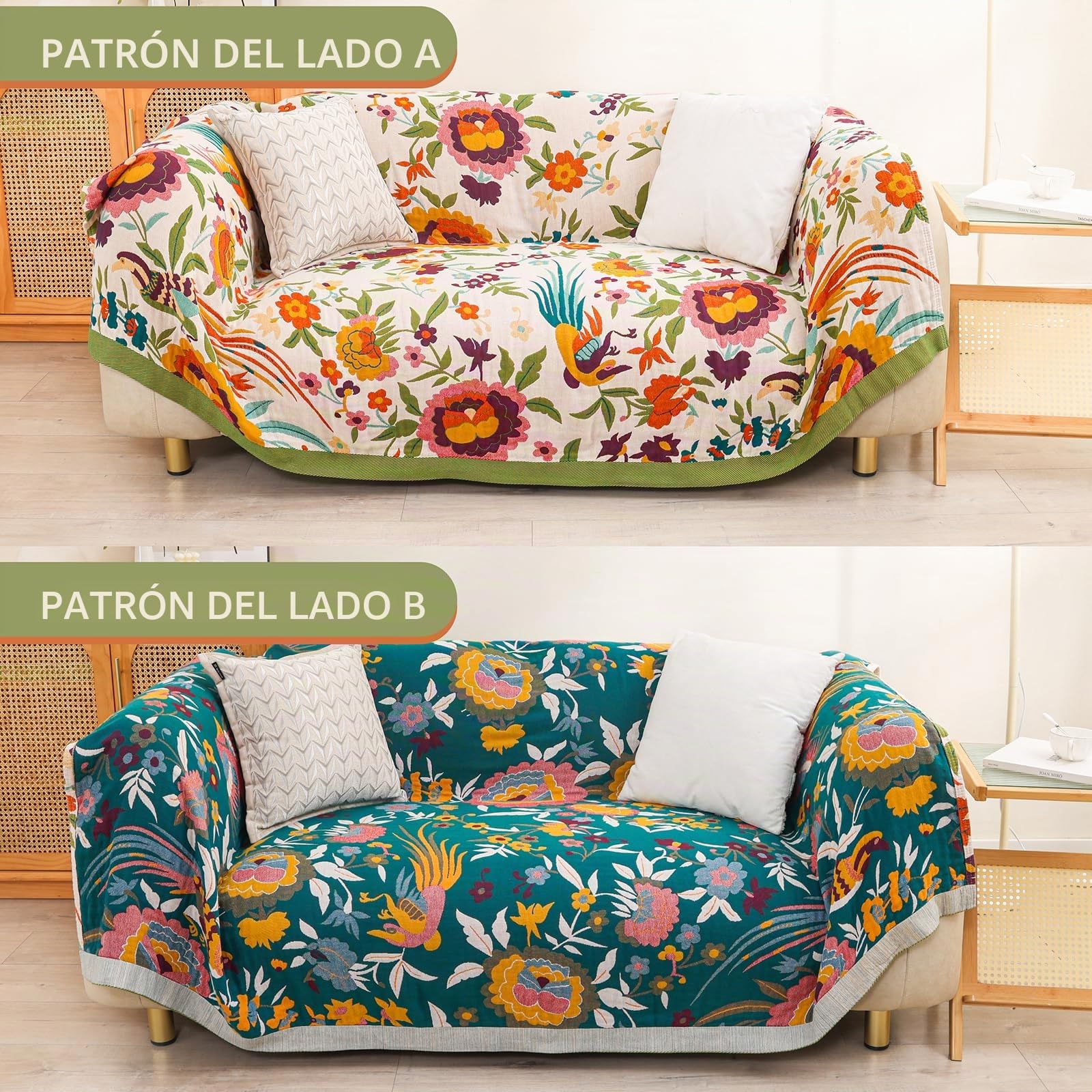 HOORDRY Manta decorativa bohemia de algodón de doble cara, agradable al tacto, para cama individual y sillón con patrones de flores, colcha para todas las estaciones, 100% algodón puro, 150 x 200 cm.
