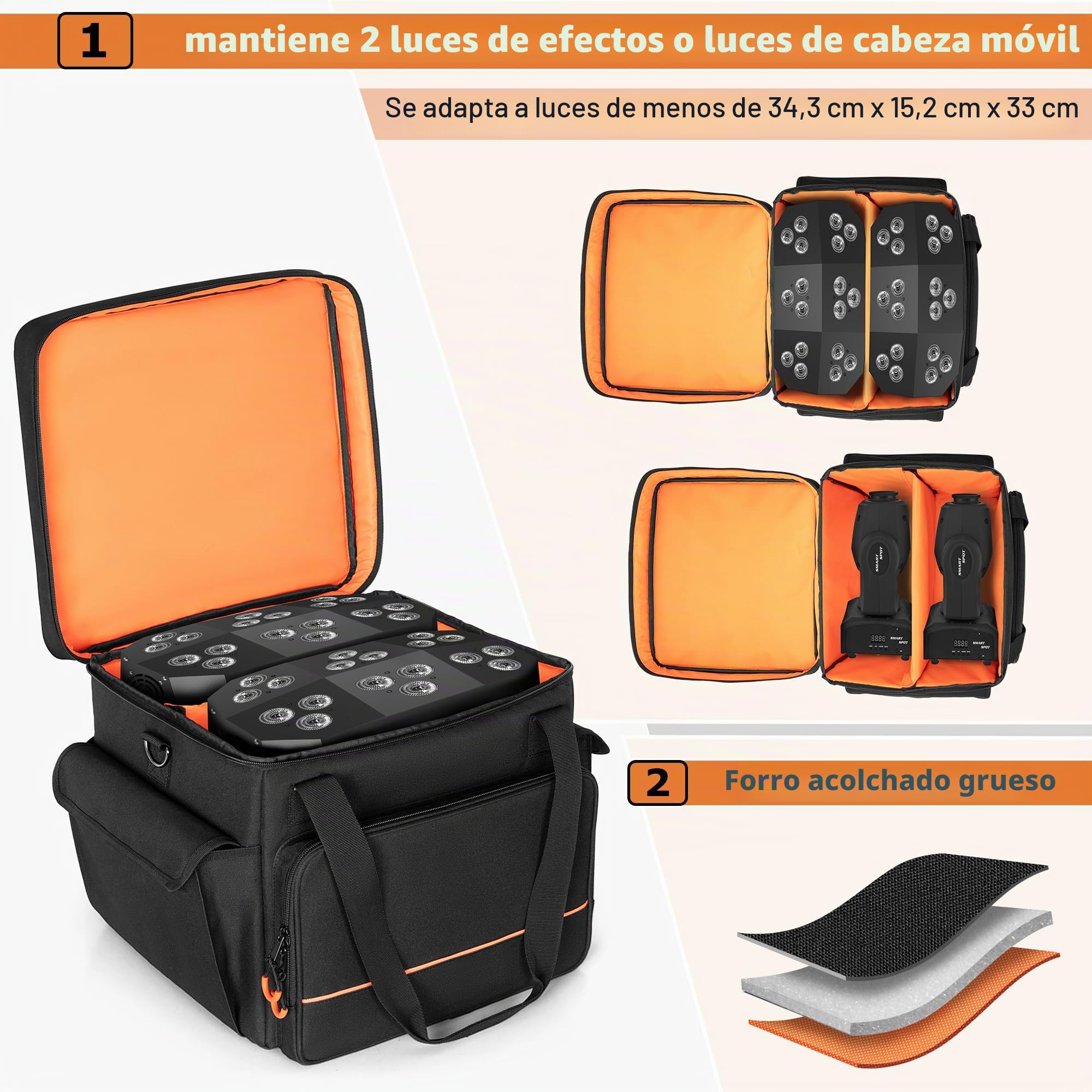 Luxja Bolsa para 2 Luces de Discoteca o Cabeza Móvil LED, Negro | Estuche de Transporte Luces de Fiesta con Divisor Interior y Bolsillos para Accesorios