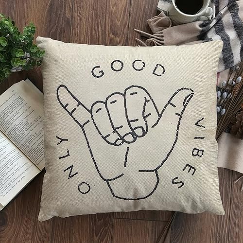 Miniatura 7 de Good Vibes Only Aloha Hand Gesture Hang Hand Symbol Motivacional Sign Cotton Linen Home Funda de cojín decorativa con palabras para sofá 16 x 16
