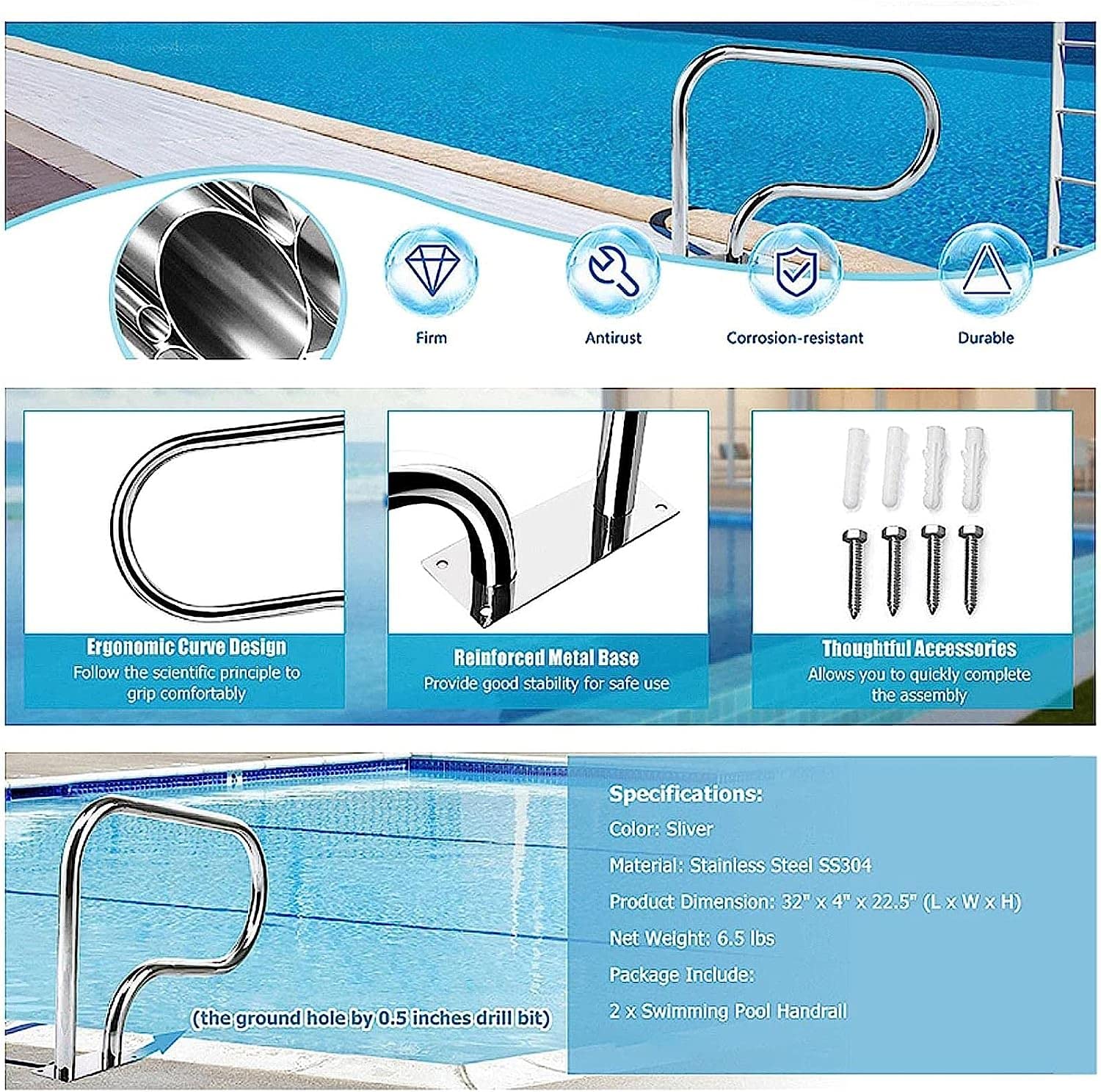 Pasamanos para Piscina, pasamanos para Piscina de Acero Inoxidable 304 con Cubierta para reposabrazos 32 x 22,5 pulgadas/81 x 57 cm