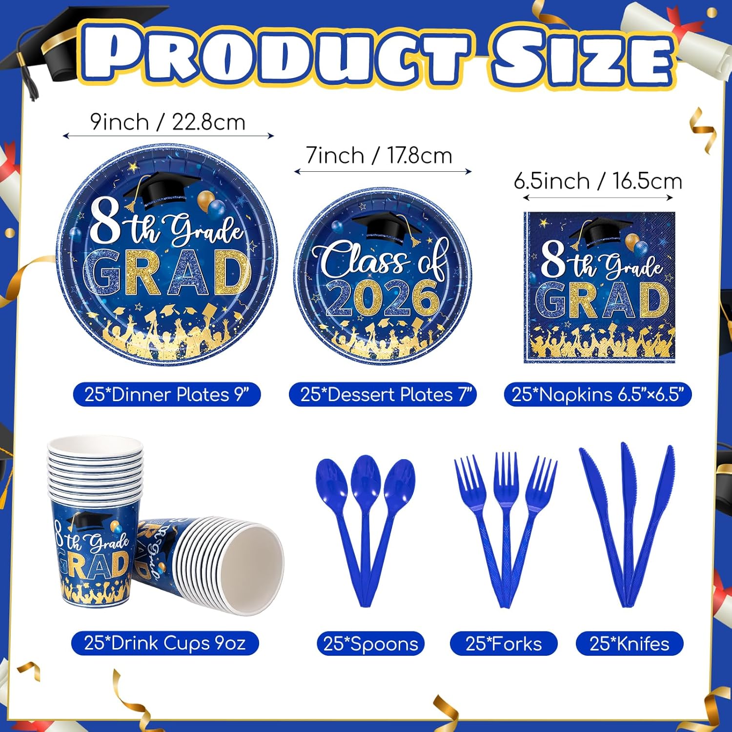 Jingmore 175 Pcs 8th Grade Graduation Party Supplies 8th Grade Graduation Decorations Tableware Class of 2026 Middle School Plates and Napkins Cups Knives Forks Spoons for Grad Party Serve 25 (Blue)