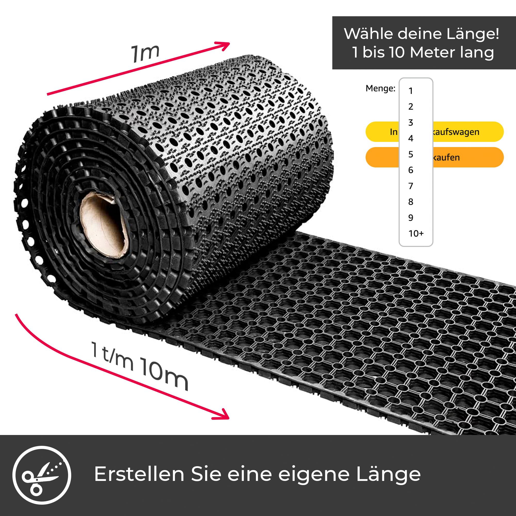 Vivol Ringgummimatte Meterware - 100cm breit - Rollenware pro Meter - max. 1000cm lang - Rubber Antirutschmatte für draußen - Teppichläufer für Garten, terrasse, Garage un an der Tür