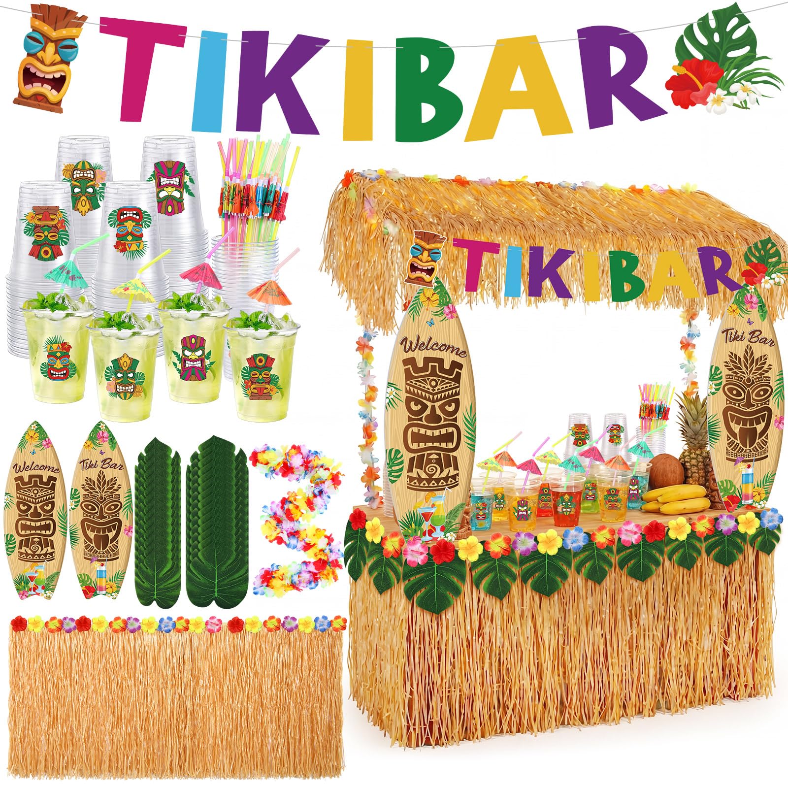 Photo 1 of Qinyoung 239 Pcs Tiki Bar Hut Accessories Set with Cups Straws Banner Grass Table Skirt Palm Leaves Turtle Leaves and Flower Garland for Hawaiian Luau Party Beach Pool Summer Decorations