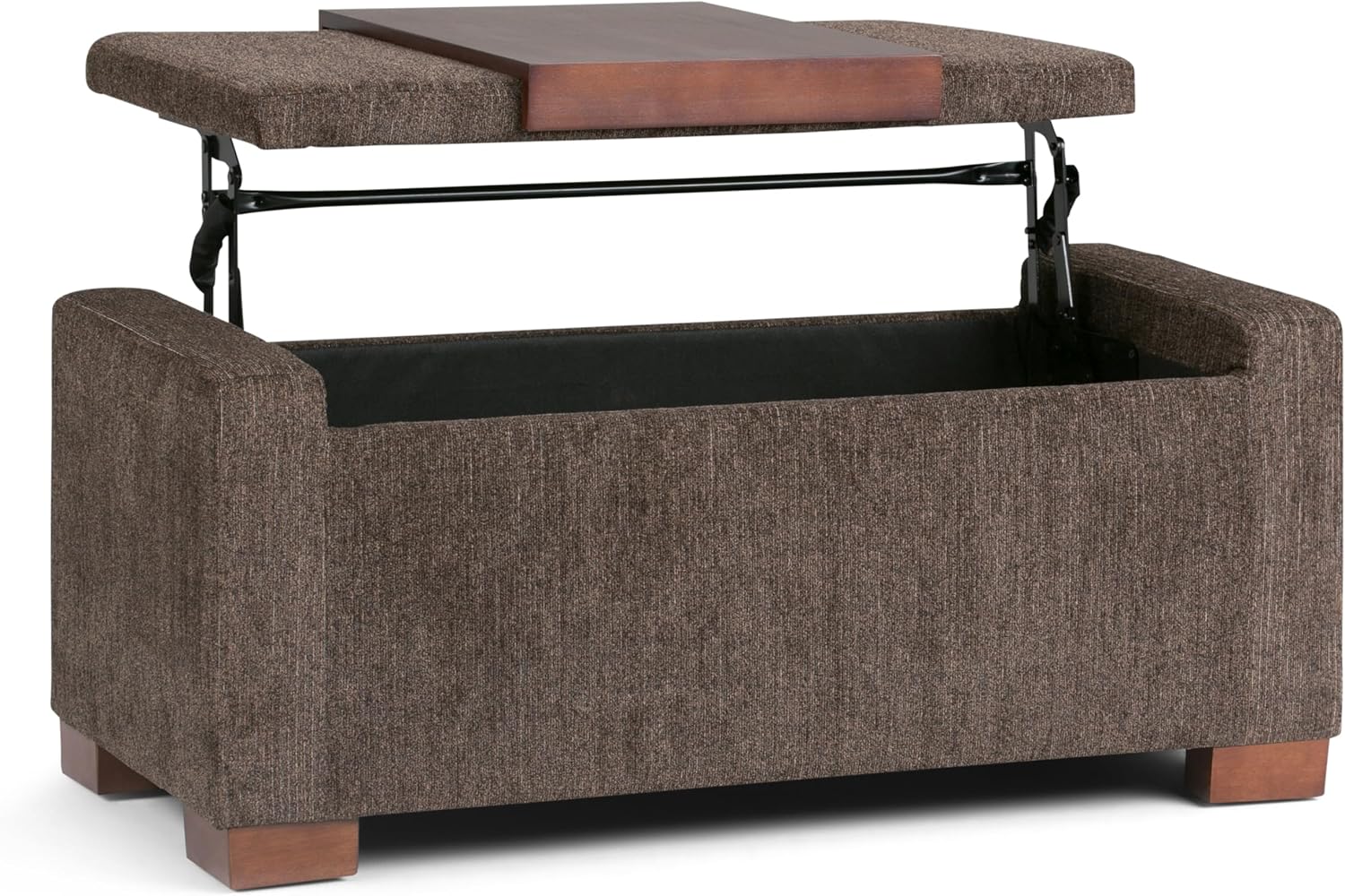 SIMPLIHOME Bretton Storage Ottoman - 43 inch Wide Upholstered Polyester Fabric Rectangle Lift Top Storage Ottoman in Deep Umber Brown, Transitional Ottoman Bench for Living Room with Lift-Top and Tray