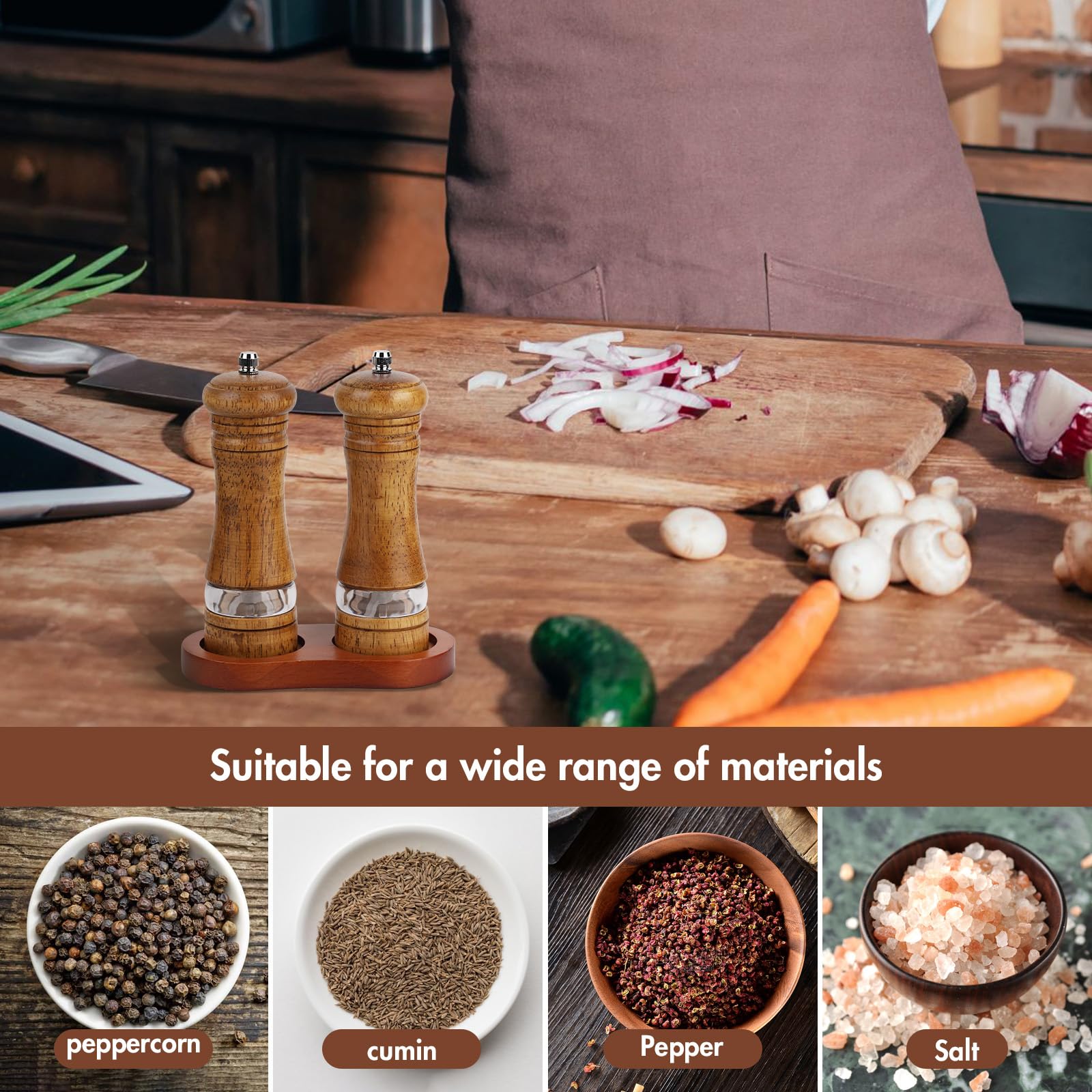 Oak Pepper Grinder Set - Adjustable Ceramic Mills -3