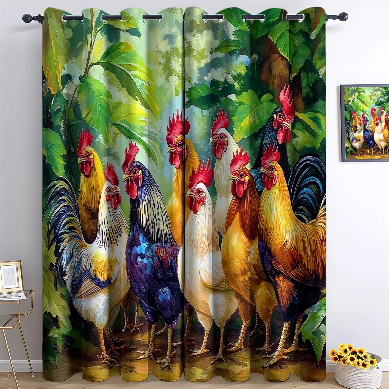 Tende Oscuranti per Interni 2 Pezzi 140x140 cm (LxA), Dipinto Olio Animali Pollo Foglie Tenda Coprente per Soggiorno, Termiche Isolanti Verde Tendaggi per Interno Finestra per Salotto Cucina