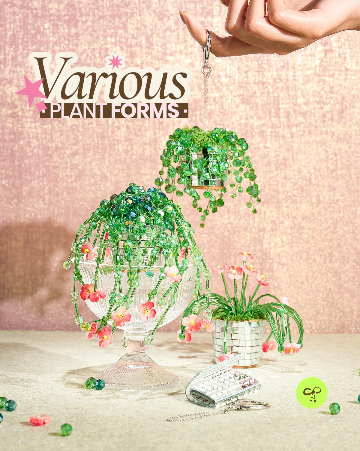 Beaded Plant Kit, Green Beads Kit for Beaded Plants Suncatcher Kits with Glass Crystal Beads, Pot, Chain, Faux Moss, Air Dry Clay, Instruction Booklet & Video Tutorial, Tabletop or Window Decor Gift