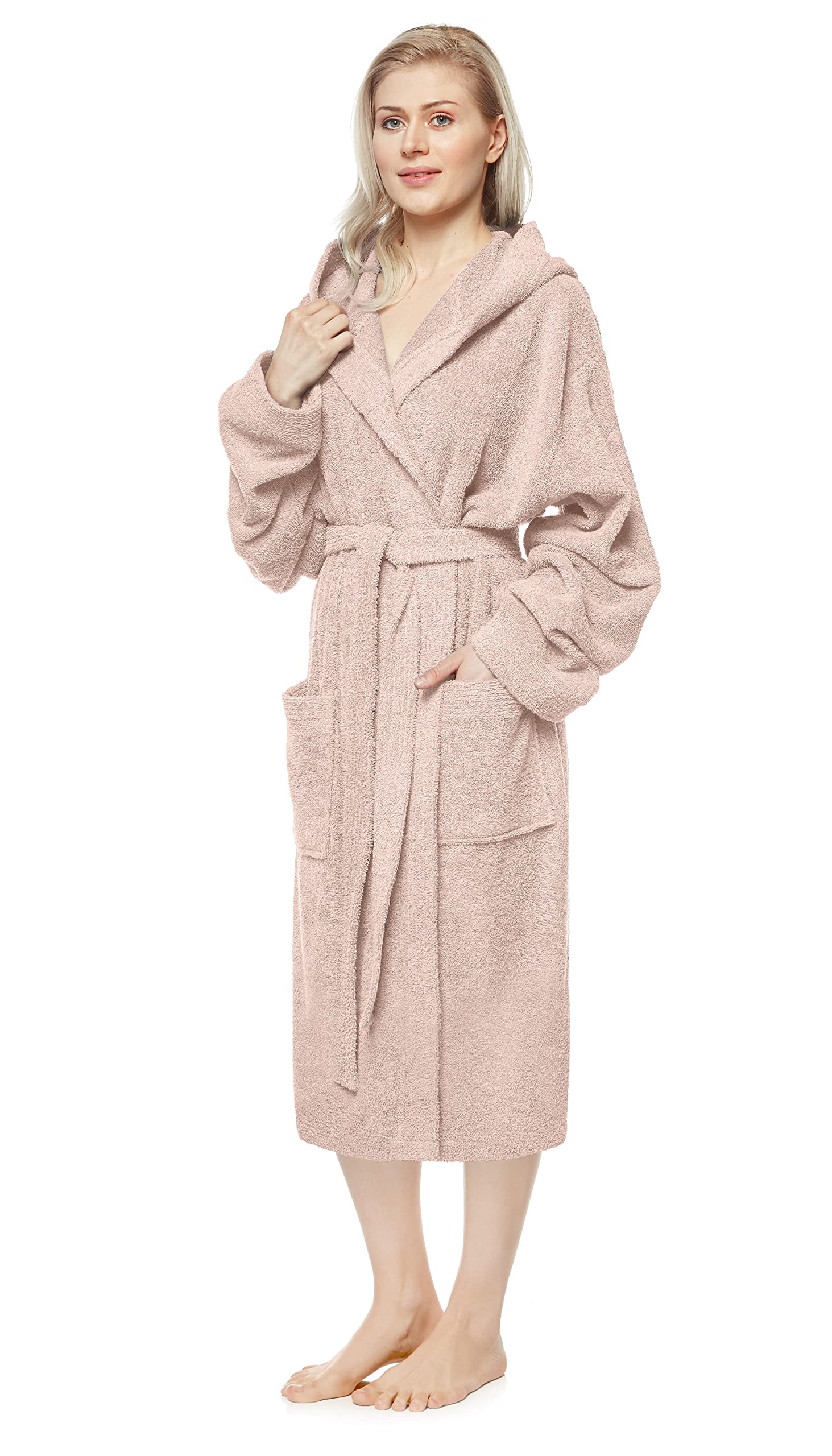 Arus Women's Powder Pink Bathrobe With Hood, Calf-Length, 100% Cotton Terry, S-M