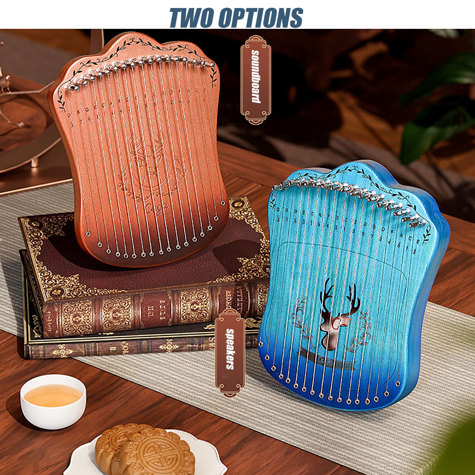 Metall Mahagoni Leier Harfe, Lyre Instrument Tragbare Harfe Instrument Mahagoni mit Stimmschlüssel und Tragetasche, Lyre Harfe für Kinder/Anfänger/Erwachsene Speakers Blue