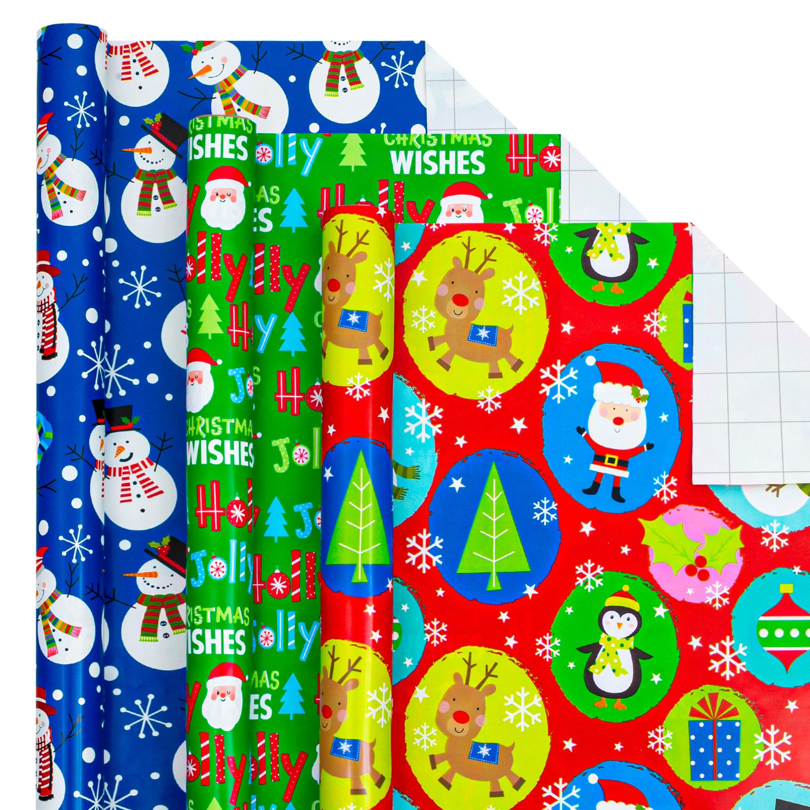 Yarcony Divertido paquete de 3 papeles de regalo de Navidad, 17 pulgadas x 10 pies por rollo, vibrante Papá Noel, muñeco de nieve, pingüino, papel de regalo surtido de invierno para Navidad