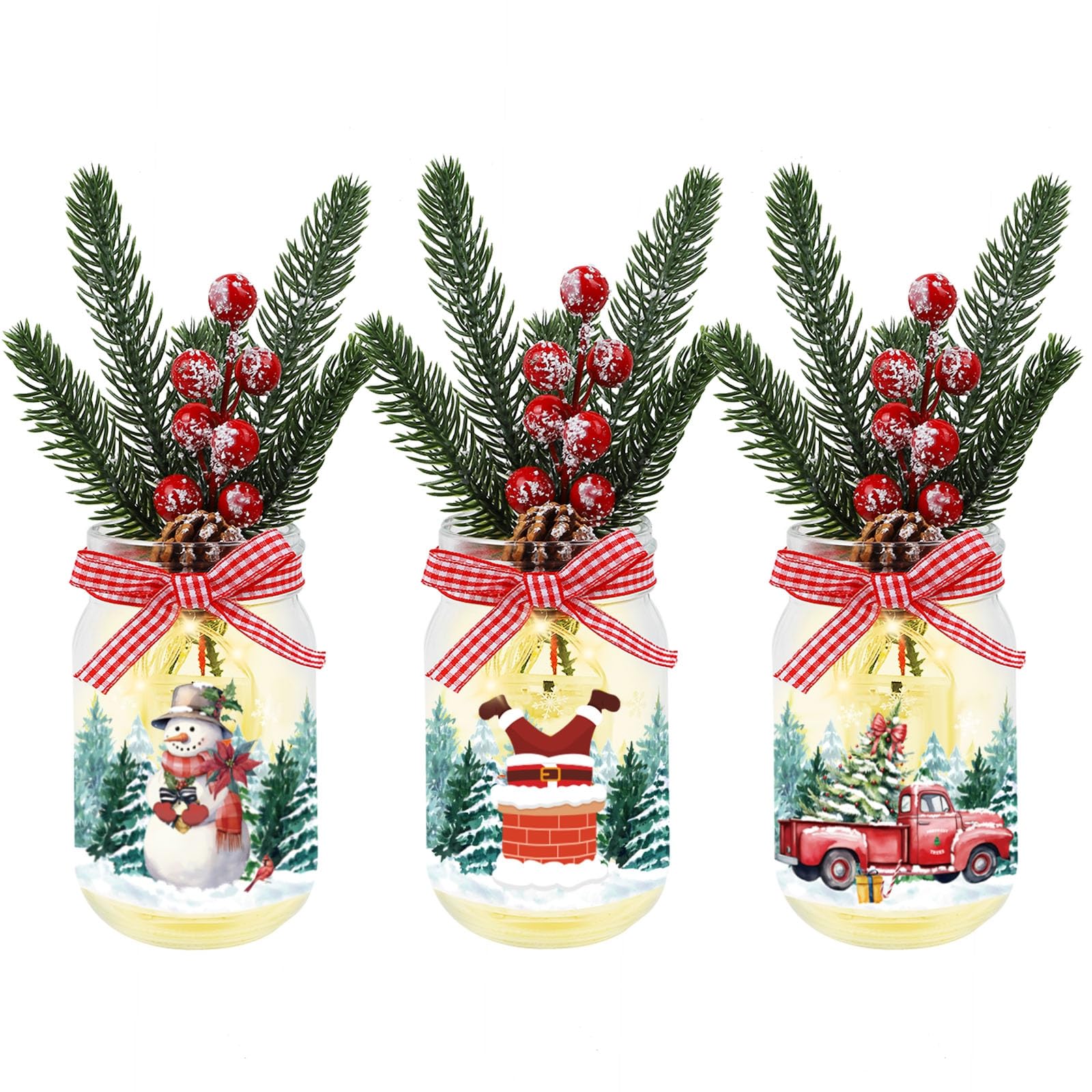 Paqisun 3 Pack Christmas Decorations Mason Jar with Lights for Christmas Table Centerpiece, Lighted Glass Bottles with Artificial Pine Picks Christmas Centerpieces Decor