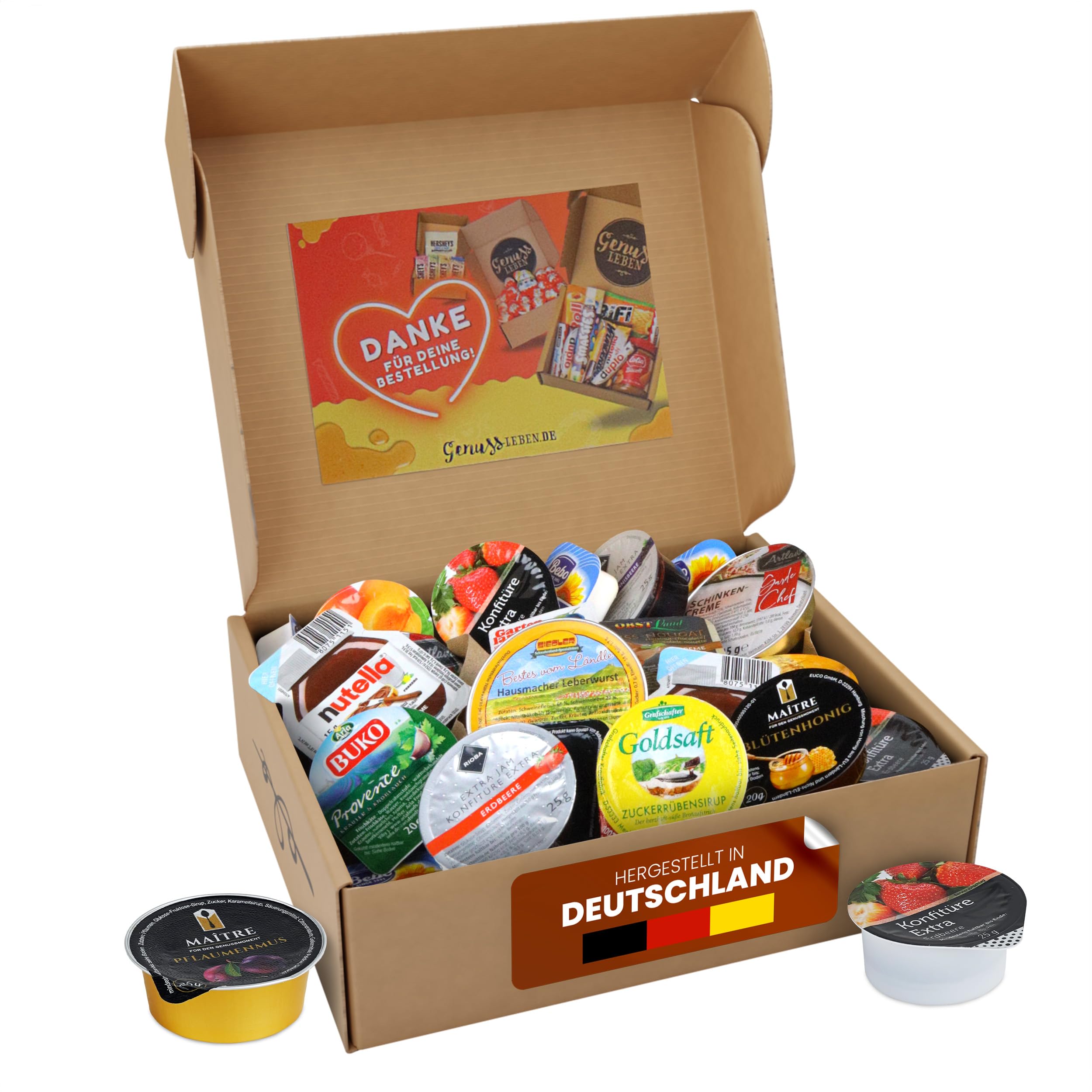 Genussleben Frühstücksbox mit ca. 800g Konfitüre, Marmelade, Honig, Haselnusscreme, Wurst und Frischkäse in vielen Geschmacksrichtungen, kleine Portionen im Mix für Büro, Familie oder Unterwegs.