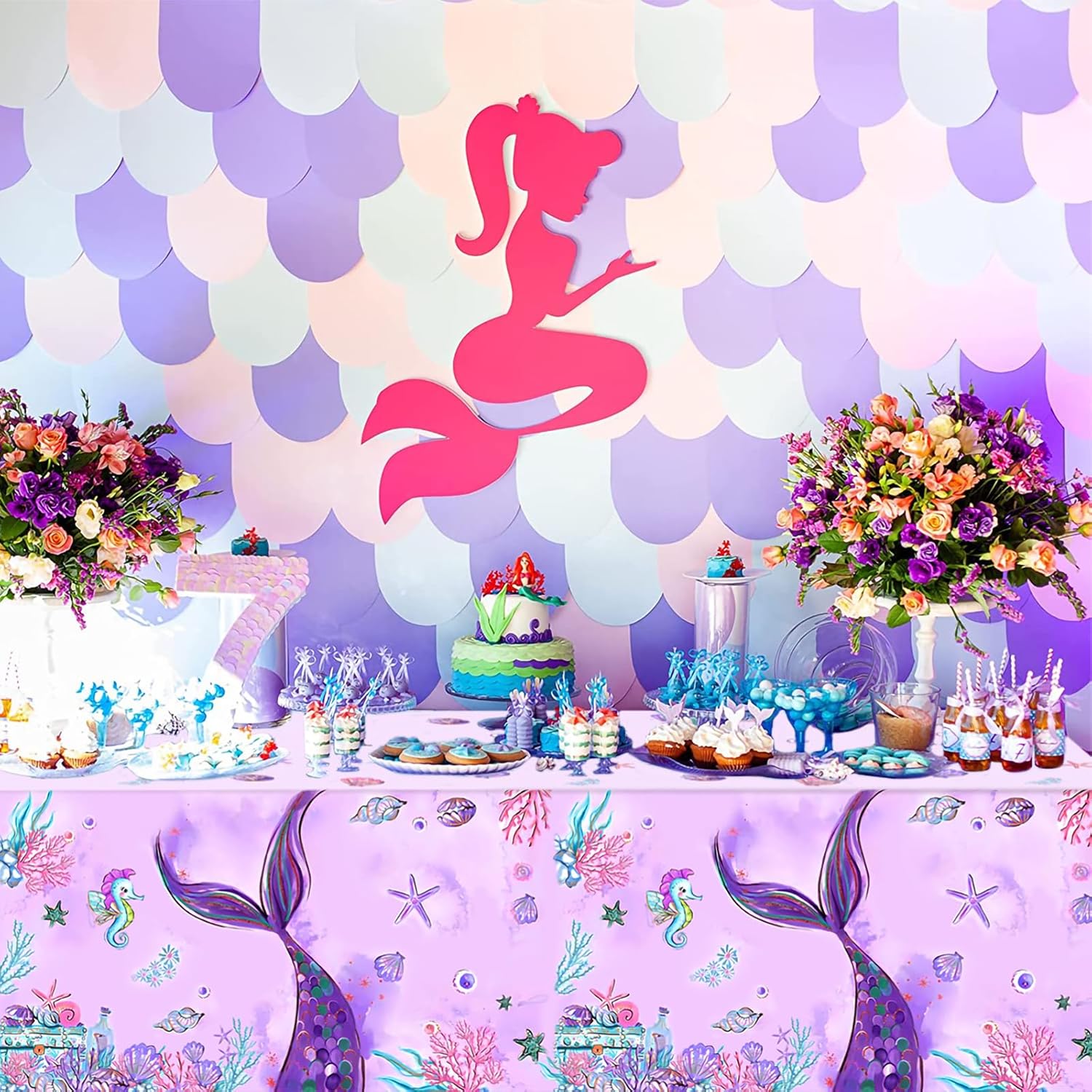 3Pcs Mermaid Tablecloth Birthday Decorations,Purple Disposable Plastic Table Cover for Princess Girls Baby Shower Decorations,Little Mermaid Themed,Under the Sea,Ocean Theme Summer Party Supplies