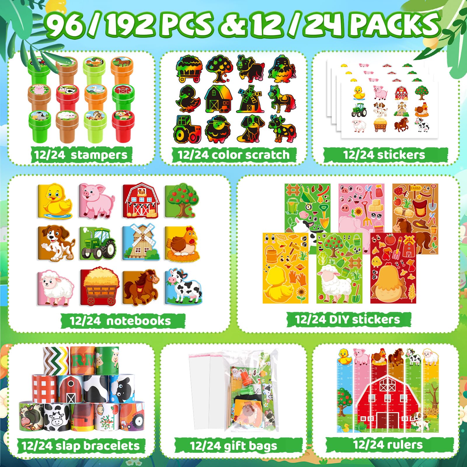 BenLouis 192 pz Fattoria Animali Bomboniere Barnyard Animali Scuola Cancelleria Bulk per Bambini Aula Fienile Regalo di Compleanno Caramelle Goodie Bag Riempitivi Fattoria Decorazione Pinata Premio