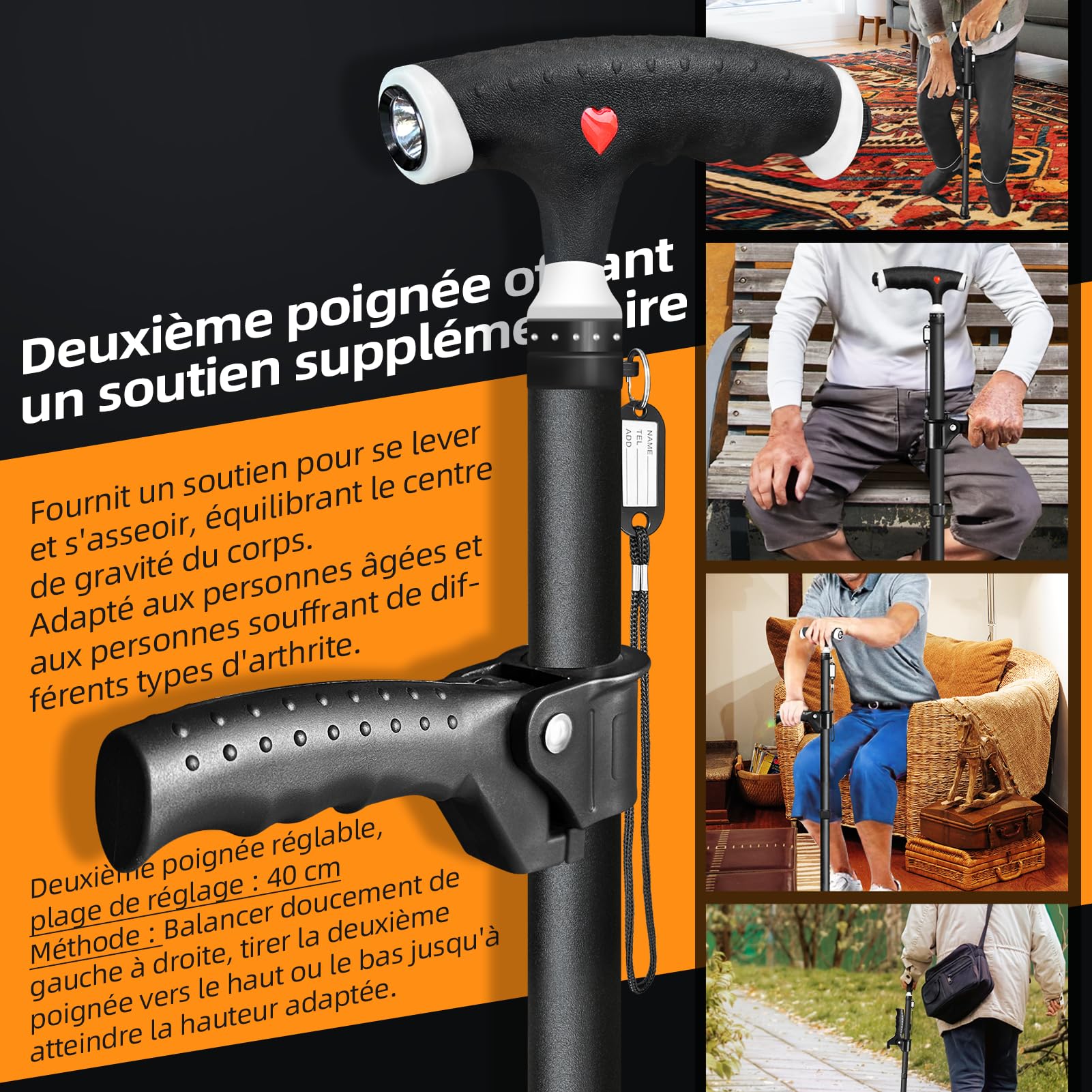 Canne réglable pour homme et femme - Double poignée - Canne réglable avec lumière LED - Bâton de marche pour personnes âgées et personnes souffrant d'arthrite