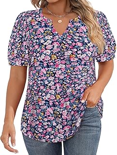 Womens Plus Size Tops Puff Short Sleeve V Neck Shirts Solid/Floral Summer Tshirt Casual Blouse Loose fit Tunics XL-5XL