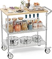 Leteuke 3-Tier Rolling Kitchen Cart with Wheels, Heavy Duty Chrome Utility Cart, Wood Top 34x17.5 Inch NSF Metal Serving Cart