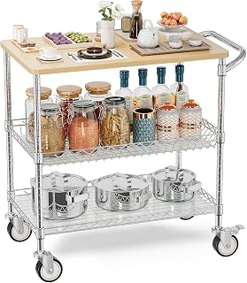 Leteuke 3-Tier Rolling Kitchen Cart with Wheels, Heavy Duty Chrome Utility Cart, Wood Top 34x17.5 Inch NSF Metal Serving Cart
