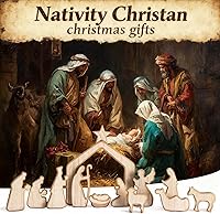 Vista 2 de NEROSUN - Juego de escenas de la Natividad, 13 figuras de madera en miniatura de la Sagrada Familia y el pesebre, figuras minimalistas, bohemias