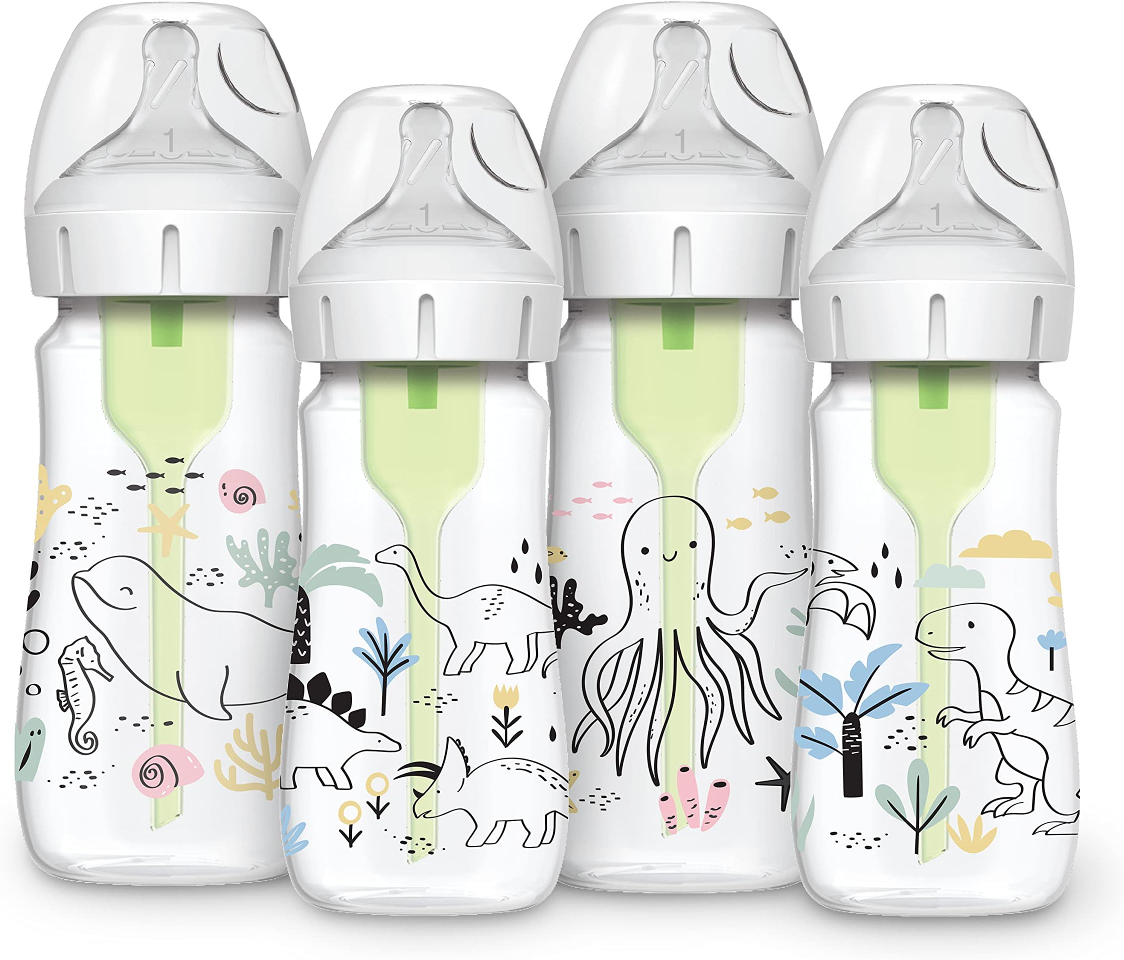 Dr. Brown’s Natural Flow® Anti-Colic Options+™ Wide-Neck Baby Bottle Designer Edition Bottles, Dinosaur and Ocean Design, 9 oz/270 mL, Level 1 Nipple, 4-Pack, 0m+
