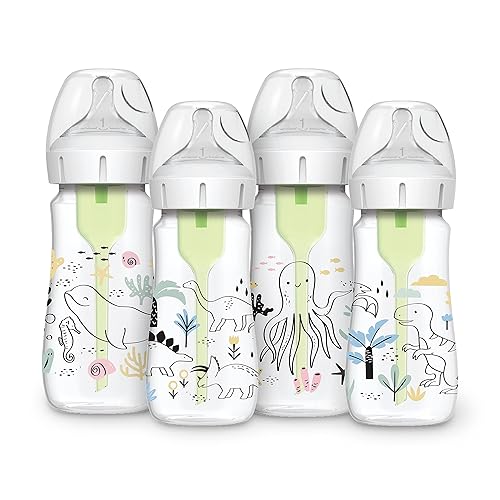Dr. Brown's Natural Flow Anti-Colic Options+ Biberón de cuello ancho Edición Diseñador, diseño de dinosaurio y océano, 9 oz9.1 fl oz, pezón nivel 1,