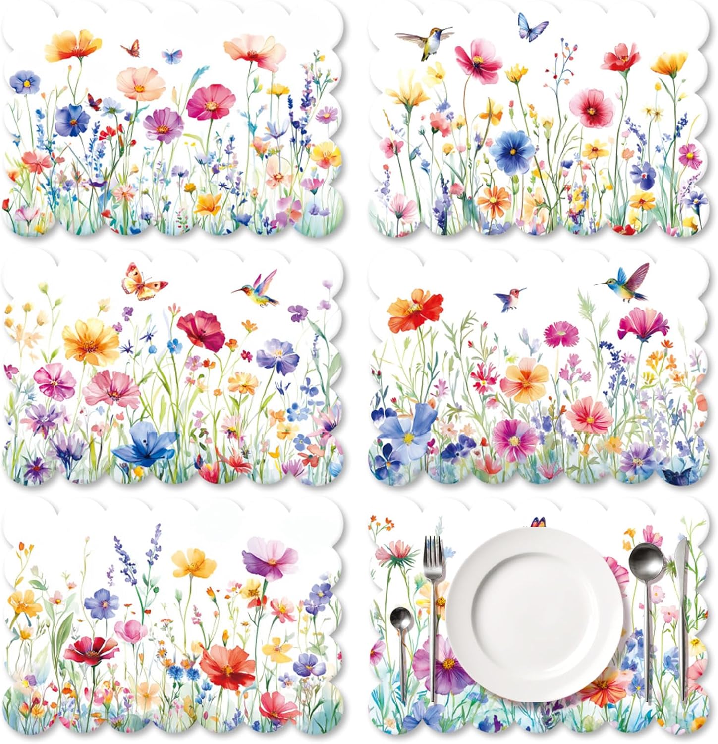 ORIGACH Watercolor Flowers Vintage Placemats Set of 6, Wildflower Heat Resistant Washable Waterproof Table Mats Set for Kitchen Farmhouse Holiday Dining Party Wedding Decor, 12 x 17 Inches