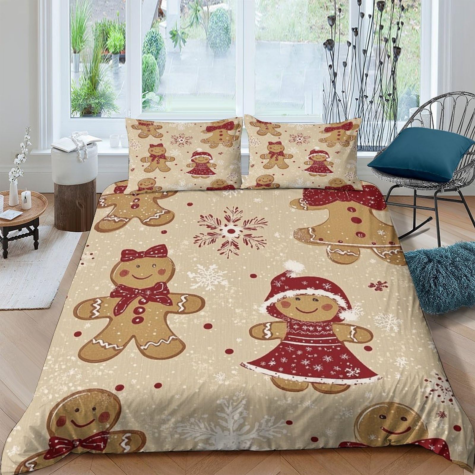 TUFRTGYHN 3D Printed Gingerbread Cookie Duvet Cover Microfiber Soft Breathable Christmas Bedding Set with 2 Pillowcases for Bedroom, Single（135x200cm）