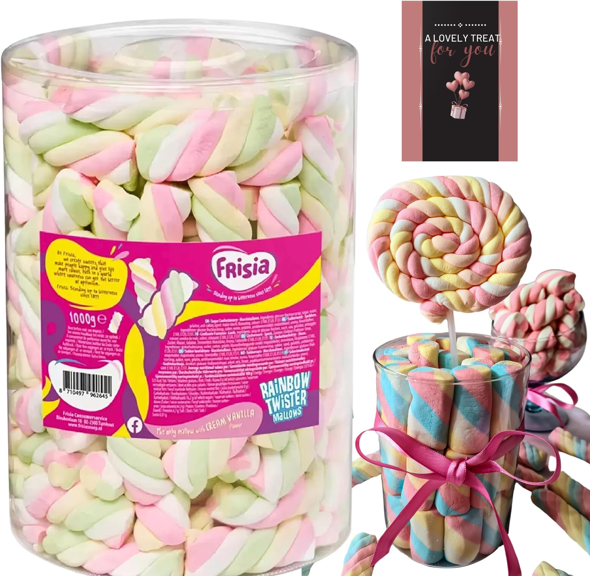 JOLAFUNBS Rainbow Marshmallow Sweets 680g Twister Cable Mallows Confectionery with Cream Vanilla Tub Bulk Sweets with Card. Kids Sweets for Easter, Birthdays, Camping, Party Bag Fillers - Vegetarian