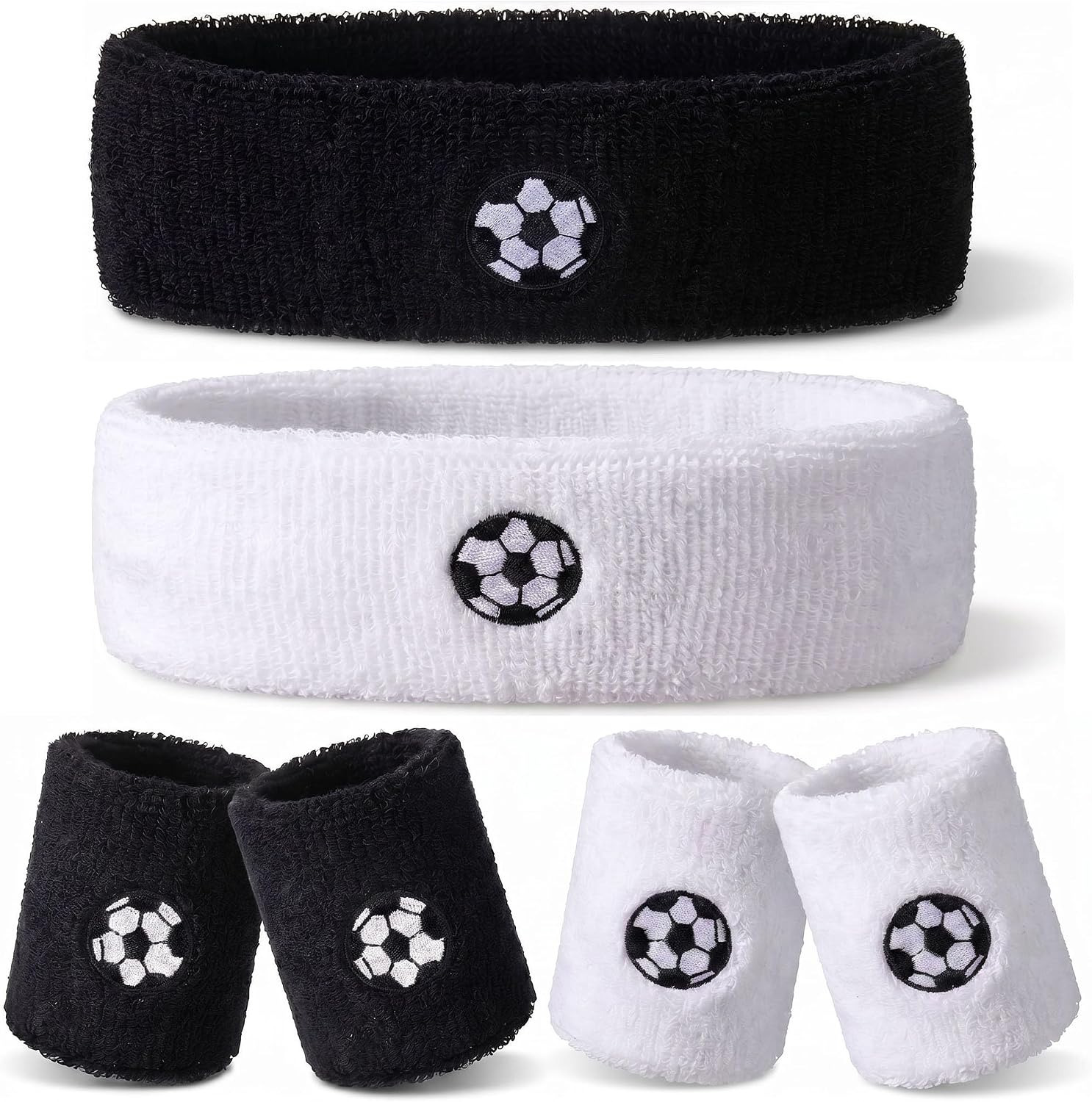 6 Pcs Sweatband Set, 2 Sports Headbands & 4 Wristbands with Premium 3D Embroidery, Moisture Wicking Terry Cloth Athletic Sweat Bands for Basketball Soccer Football Gym, Men Women Youth